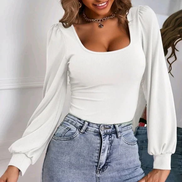 SHEIN White Puff Sleeve Long Sleeve Top Blouse, Size Medium - Picture 1 of 10